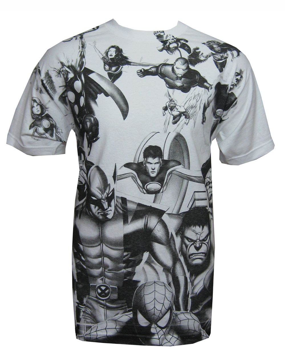 Marvel Avengers group sketch graphic on a white adult t-shirt.