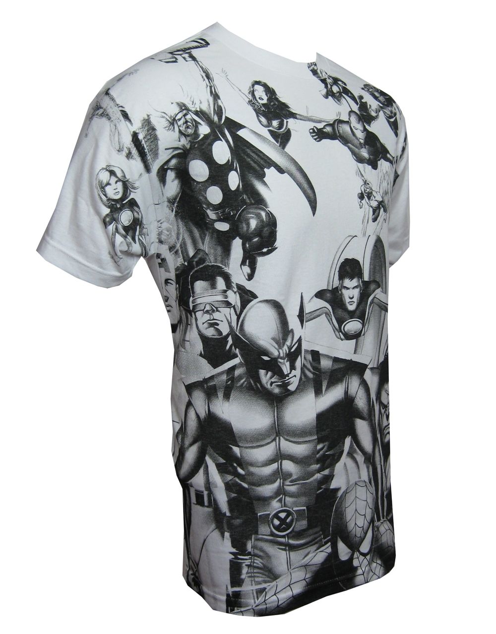 Marvel Avengers group sketch graphic on a white adult t-shirt.