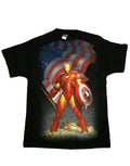 Iron Man with Captain America shield graphic on a black adult t-shirt.