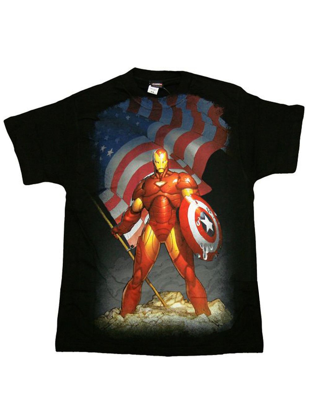 Iron Man with Captain America shield graphic on a black adult t-shirt.