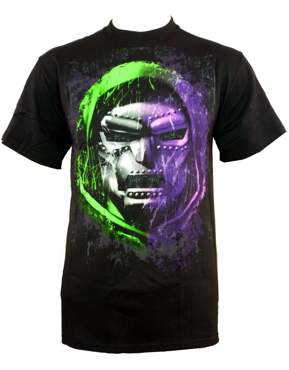 Doctor Doom fantastic four graphic on a black adult t-shirt.