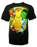 Marvel Avengers six faces graphic on a black adult t-shirt.