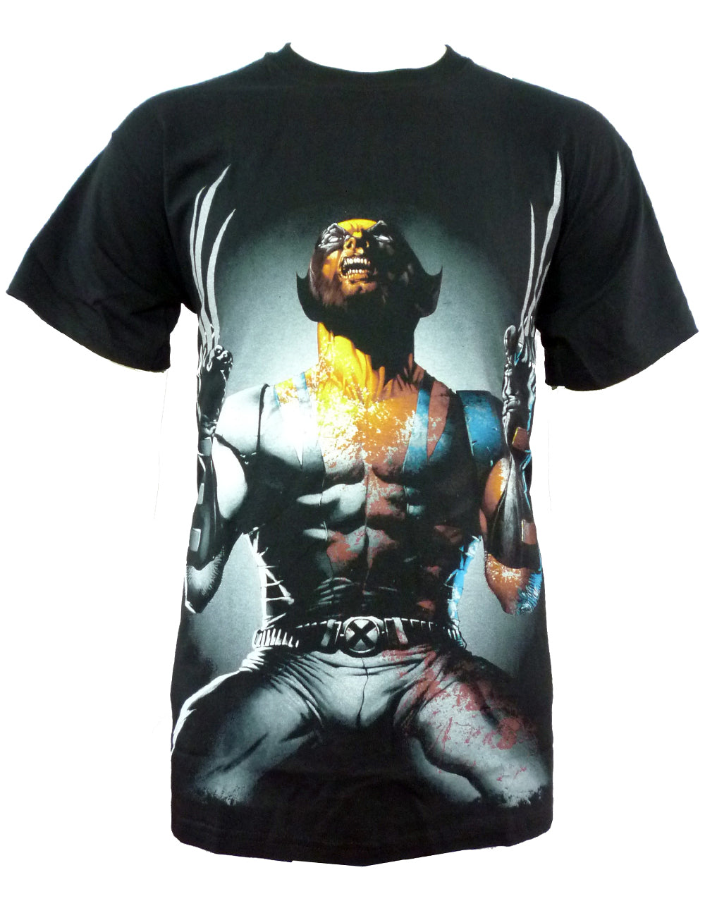 Wolverine x-men why me graphic on a black adult t-shirt.