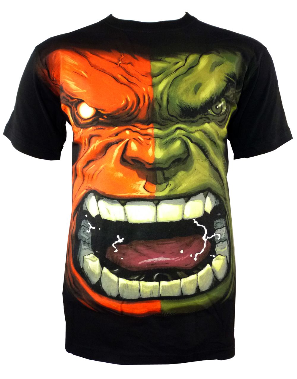 The Incredible Hulk angry face graphic on a black adult t-shirt.
