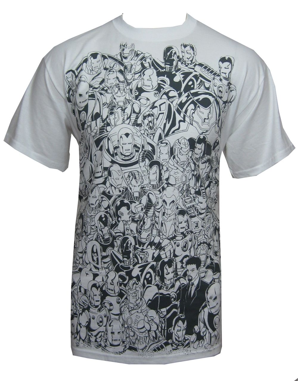 Iron Man Tony Starks graphic on a white adult t-shirt.