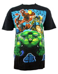 Marvel Avengers heroes gang graphic on a black adult t-shirt.