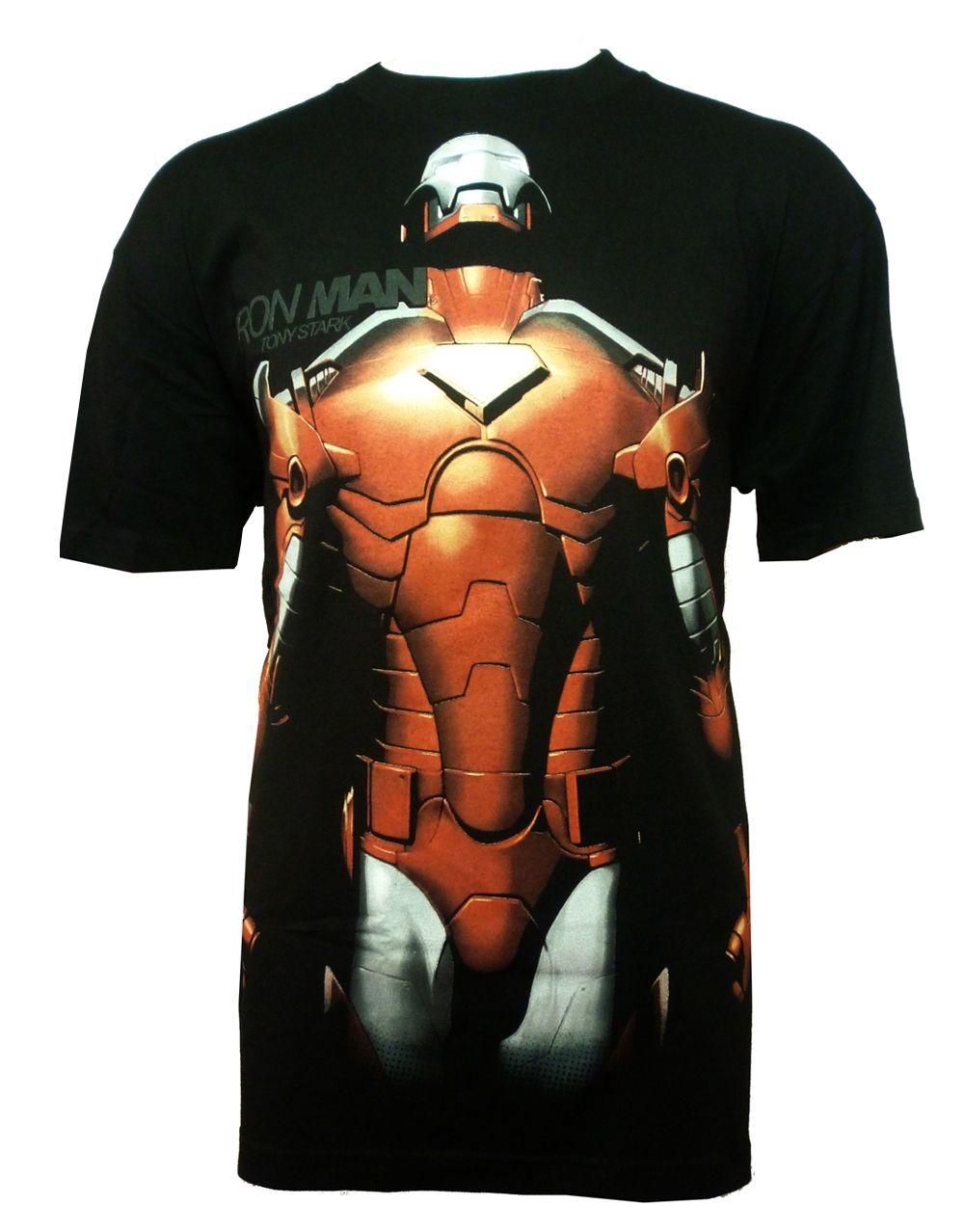 Iron Man Tony Stark graphic on a black adult t-shirt.