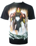 Iron Man aftermath graphic on a black adult t-shirt.