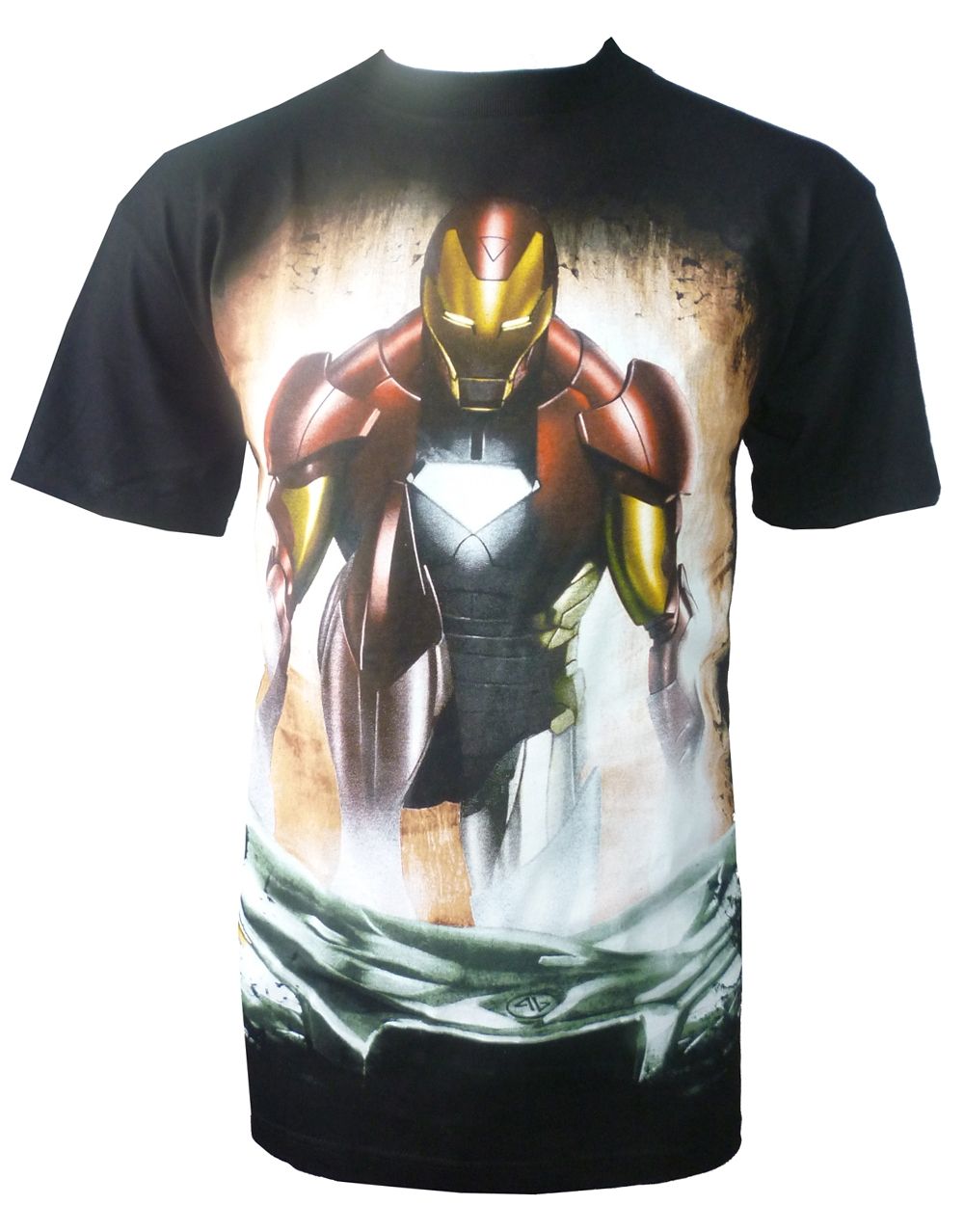 Iron Man aftermath graphic on a black adult t-shirt.