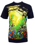 Marvel Avengers forest battle graphic on a black adult t-shirt.