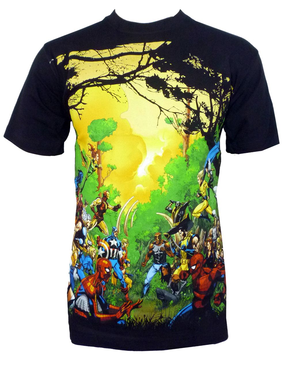 Marvel Avengers forest battle graphic on a black adult t-shirt.