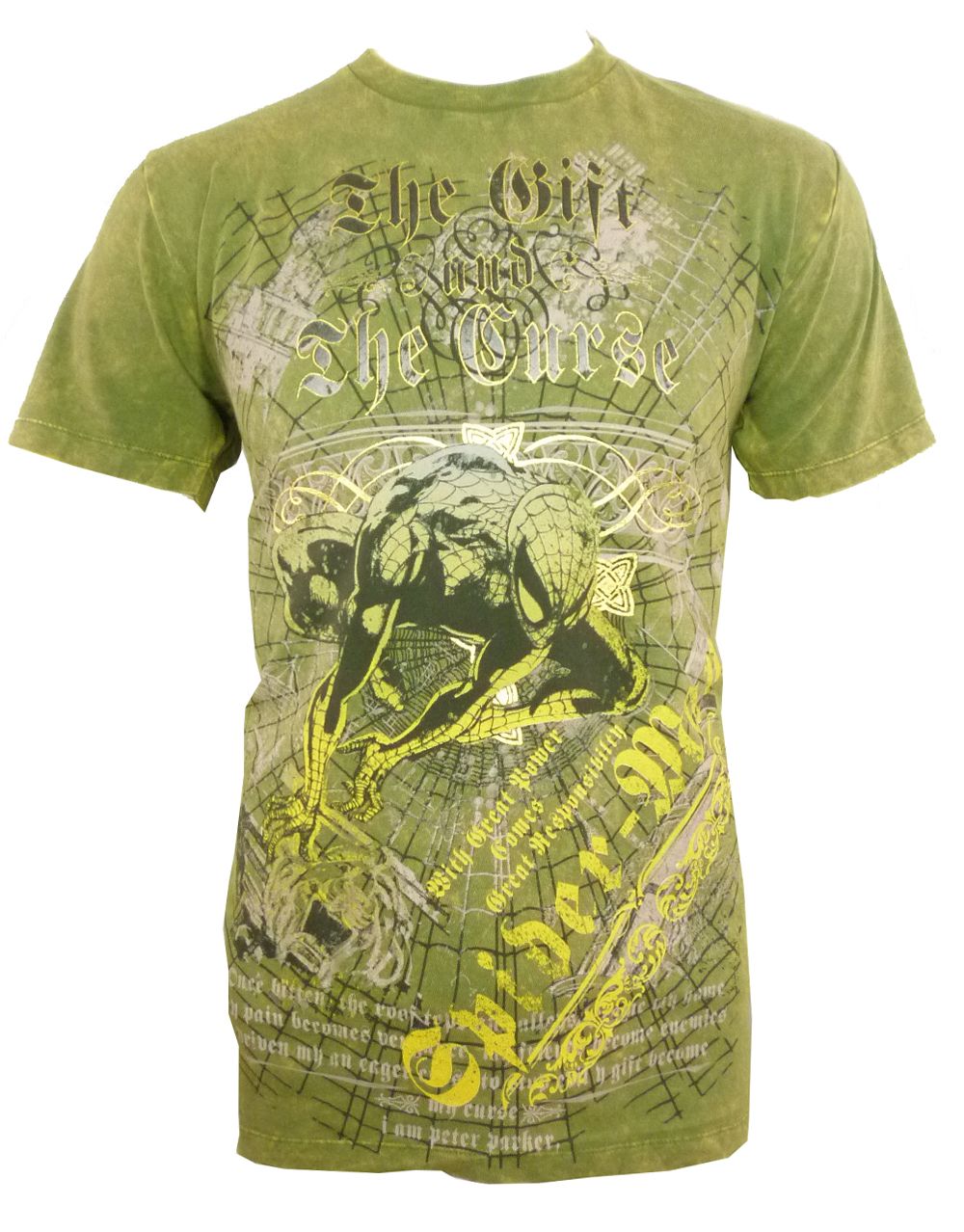 Spider-Man gift and curse graphic on a green adult t-shirt.