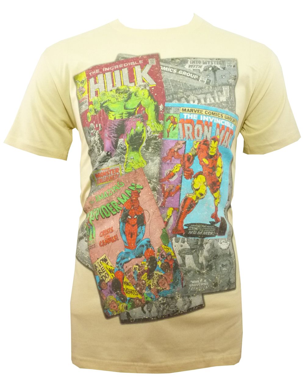 Marvel Avengers marvel comics covers graphic on a beige adult t-shirt.
