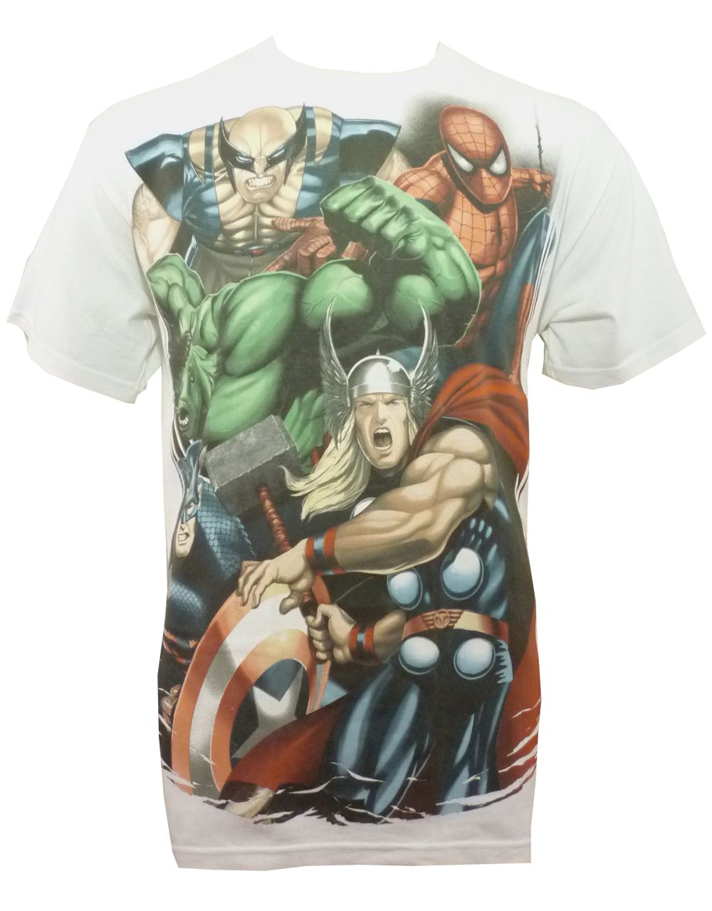 Marvel Avengers group thor block graphic on a white adult t-shirt.