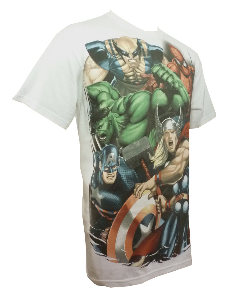 Marvel Avengers group thor block graphic on a white adult t-shirt.