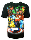 Marvel Avengers movie stars graphic on a black adult t-shirt.