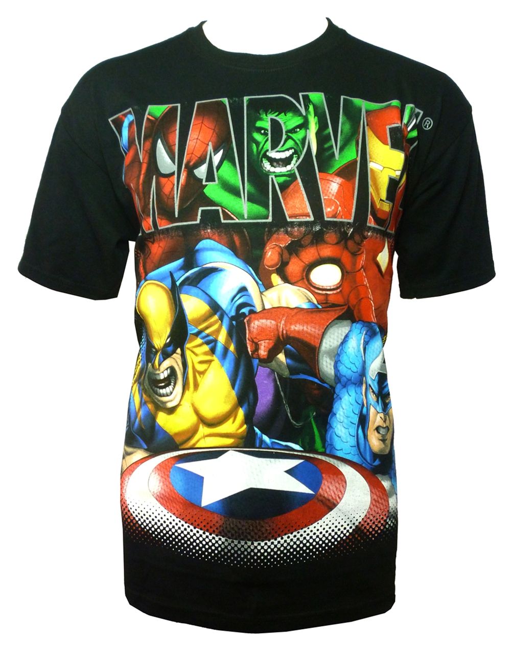 Marvel Avengers movie stars graphic on a black adult t-shirt.