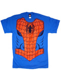 Spiderman spidey costume graphic on a blue adult t-shirt.