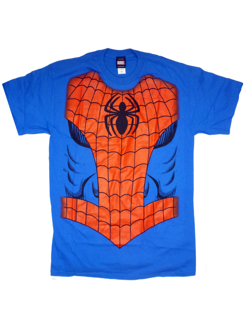 Spiderman spidey costume graphic on a blue adult t-shirt.
