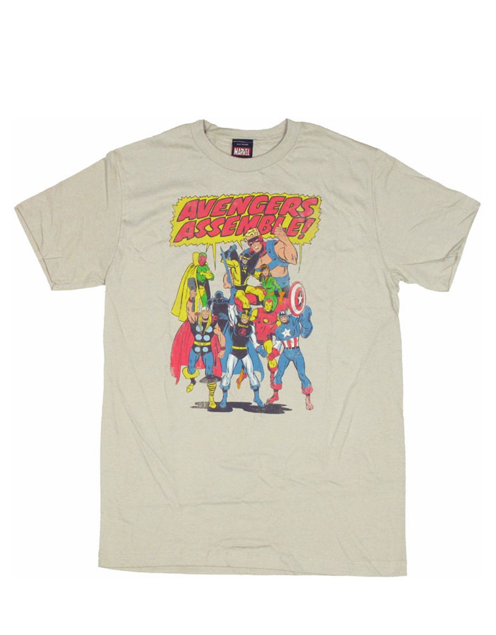 Marvel Avengers assemble graphic on a grey adult t-shirt.