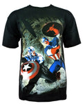 Captain America battle royale graphic on a black adult t-shirt.