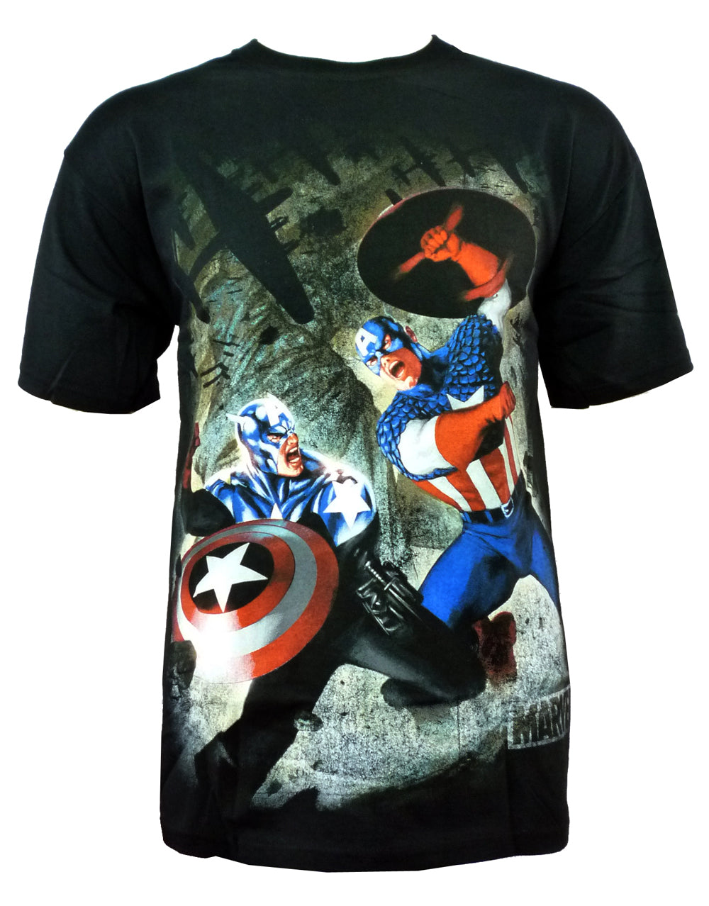 Captain America battle royale graphic on a black adult t-shirt.