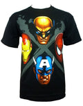 Marvel Avengers marvel faces graphic on a black adult t-shirt.