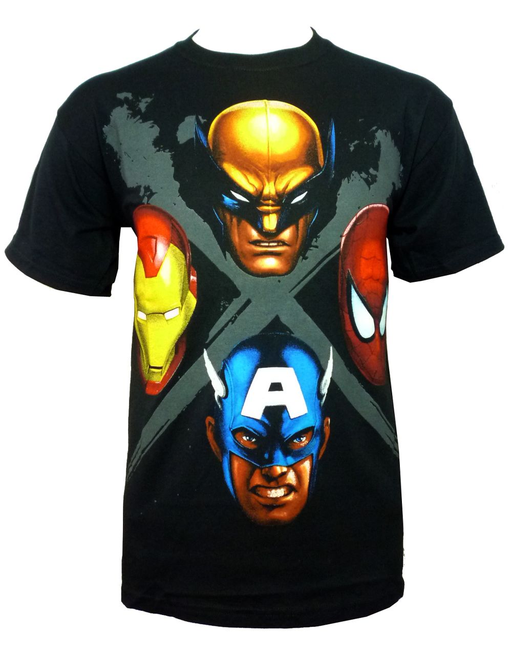 Marvel Avengers marvel faces graphic on a black adult t-shirt.