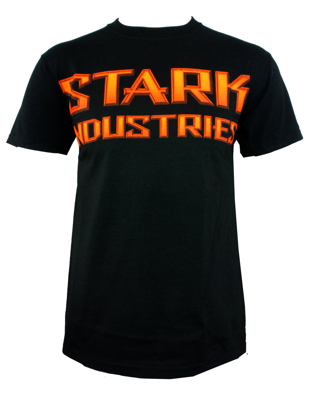 Iron Man Stark Industries graphic on a black adult t-shirt.