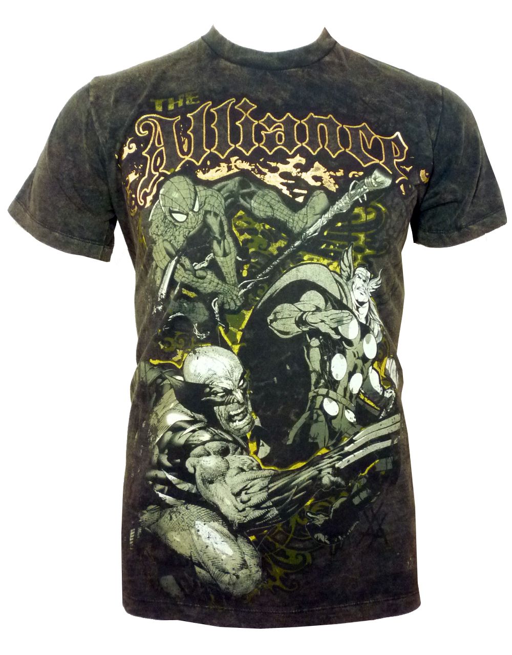 Marvel Avengers the alliance graphic on a black adult t-shirt.