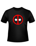 Deadpool icon graphic on a black adult t-shirt.