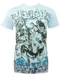 Marvel Avengers team graphic on a light blue adult t-shirt.