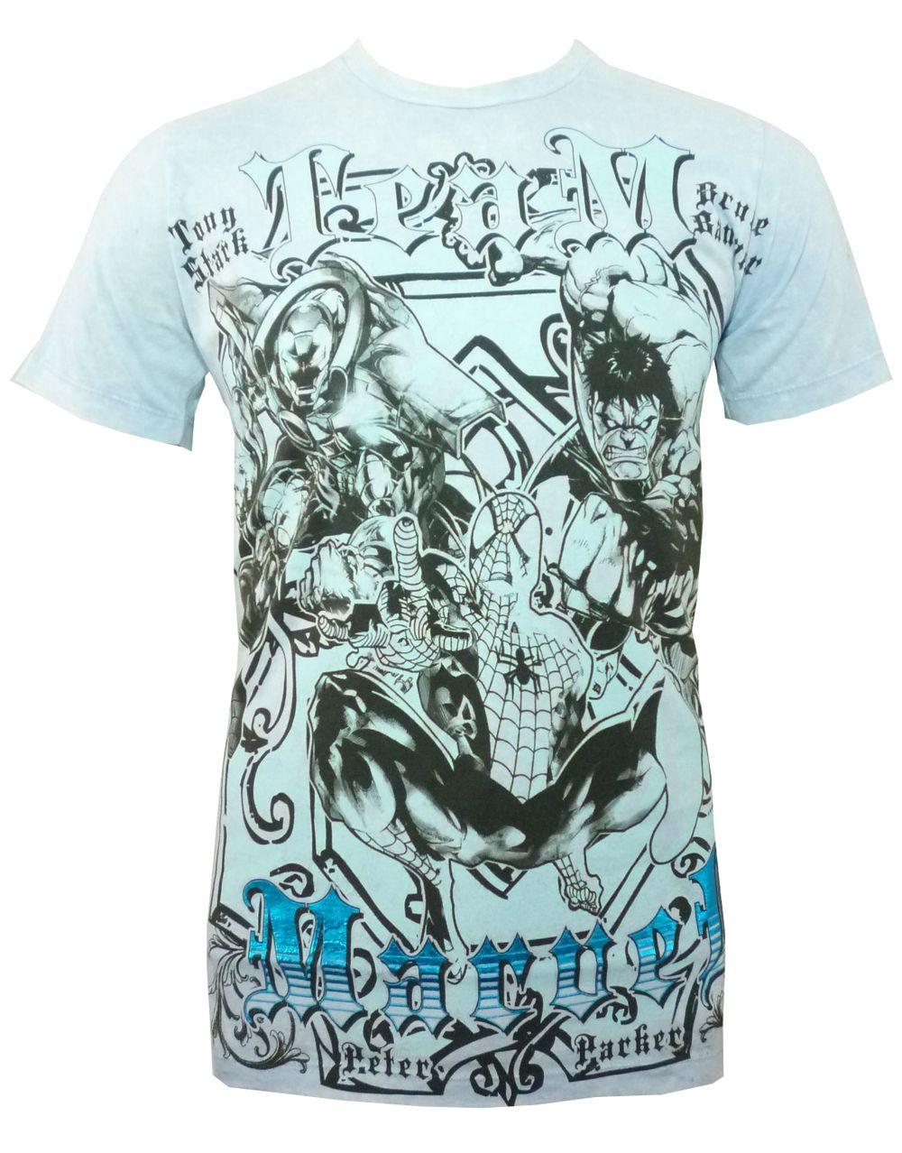 Marvel Avengers team graphic on a light blue adult t-shirt.
