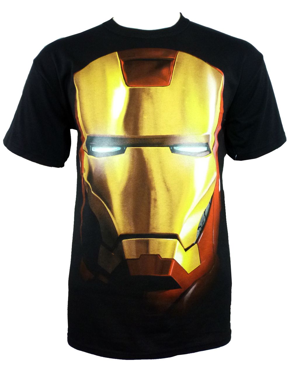 Iron Man face graphic on a black adult t-shirt.