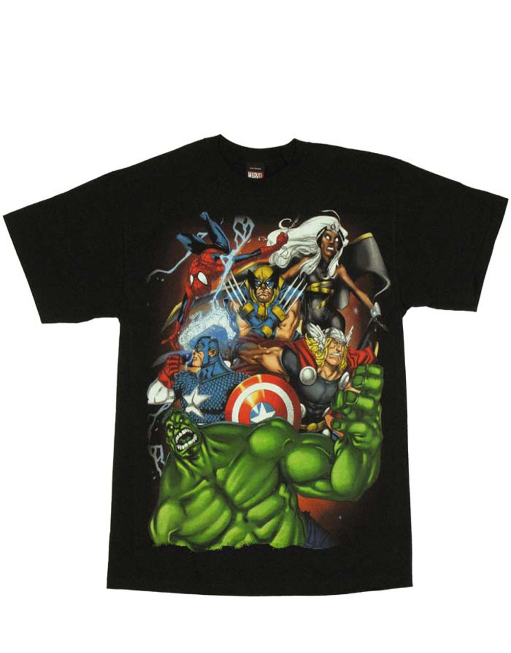 Marvel Avengers group steve graphic on a black adult t-shirt.