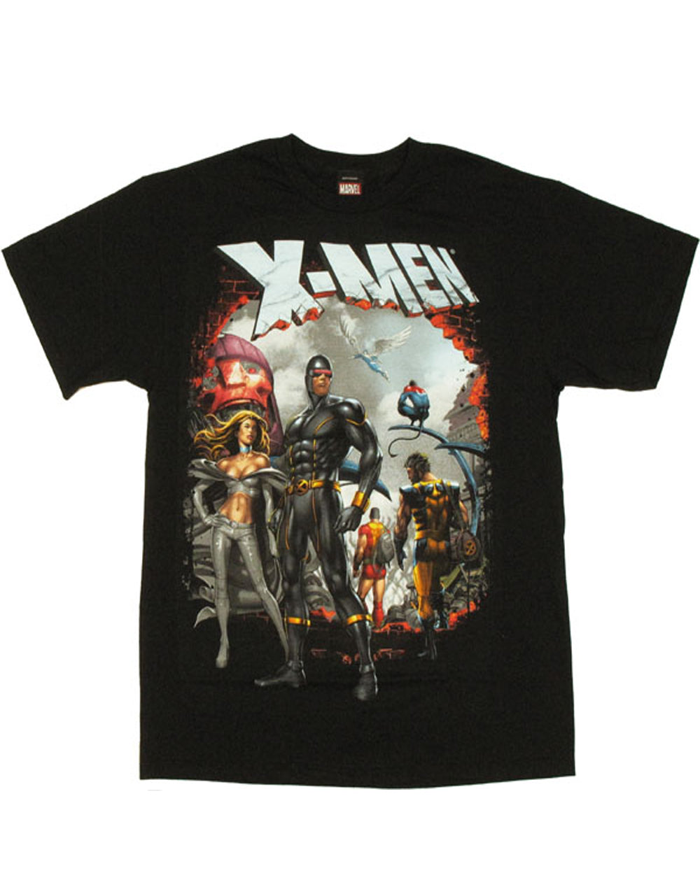 X-Men fallen walls graphic on a black adult t-shirt.