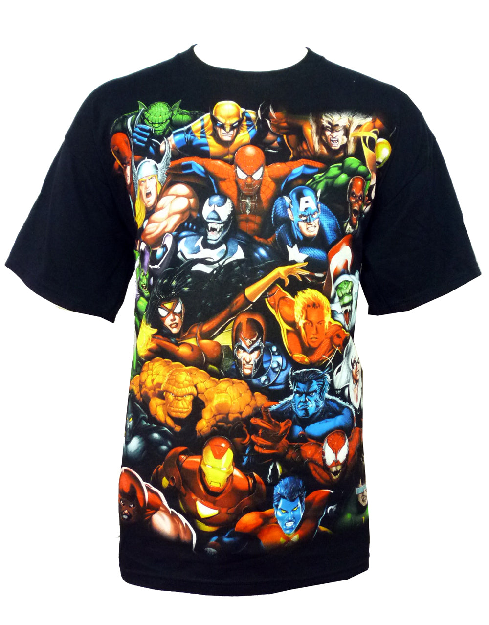 Marvel Avengers most wanted graphic on a black adult t-shirt.