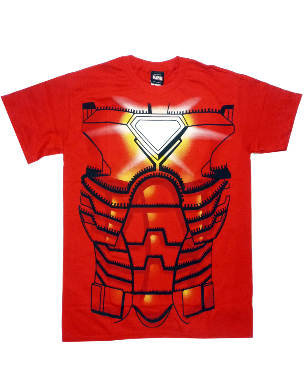 Iron Man costume jumbo graphic on a red adult t-shirt.