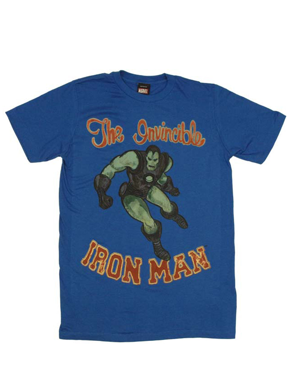 Iron Man classic graphic on a blue adult t-shirt.