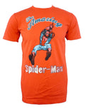 Spider-Man vintage swinger graphic on a red adult t-shirt.