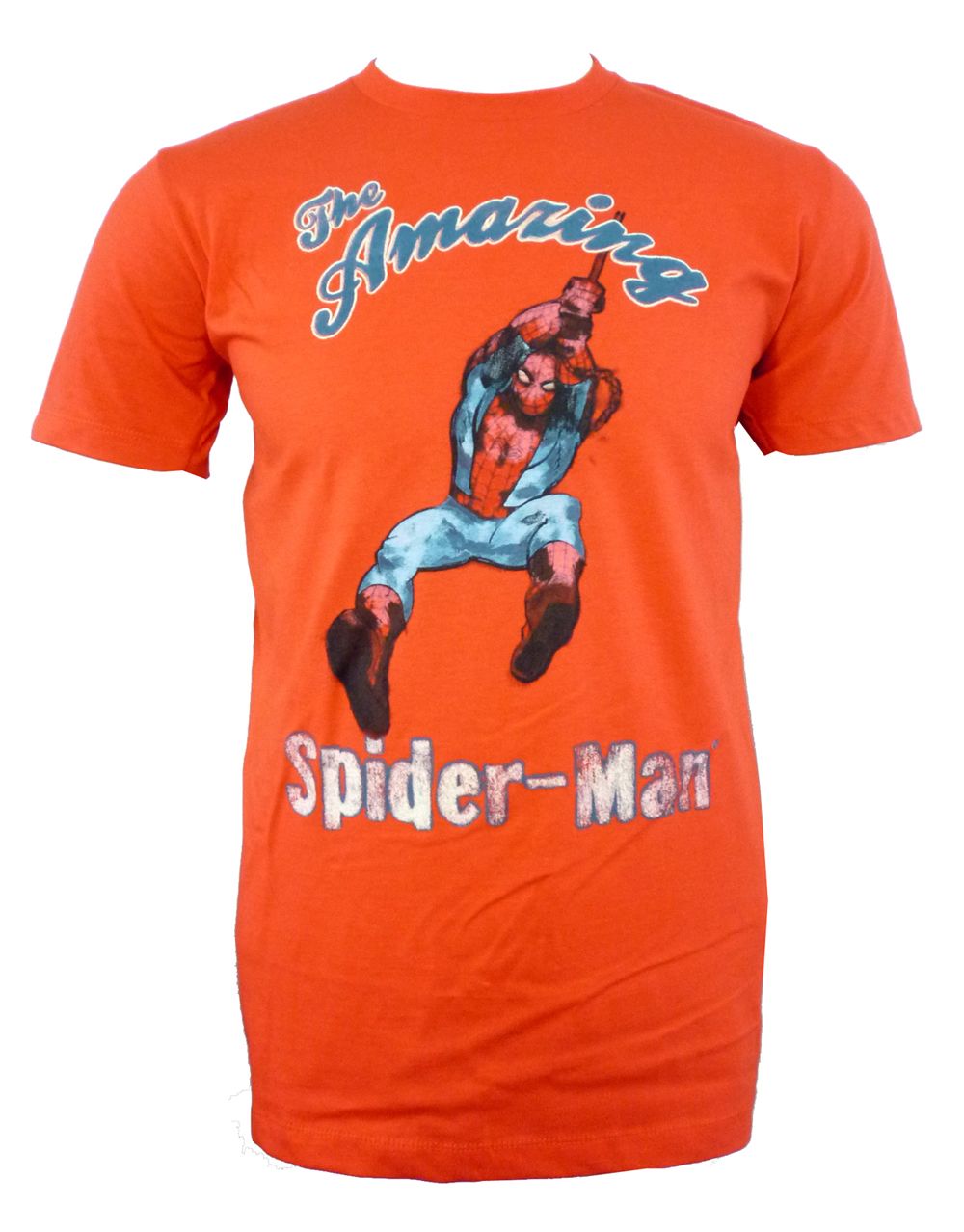 Spider-Man vintage swinger graphic on a red adult t-shirt.