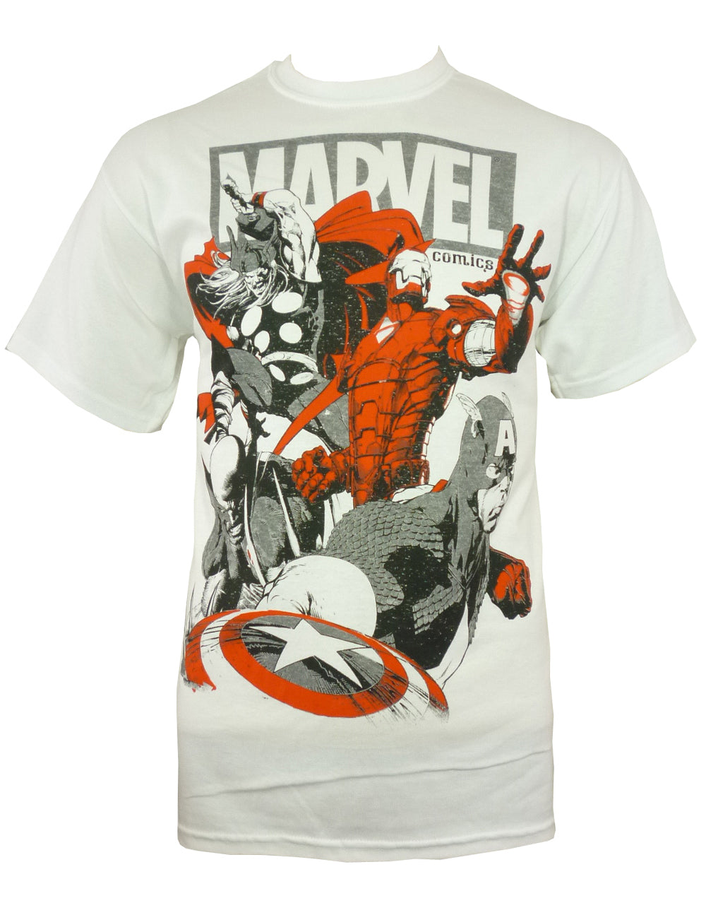 Marvel Avengers team up graphic on a white adult t-shirt.