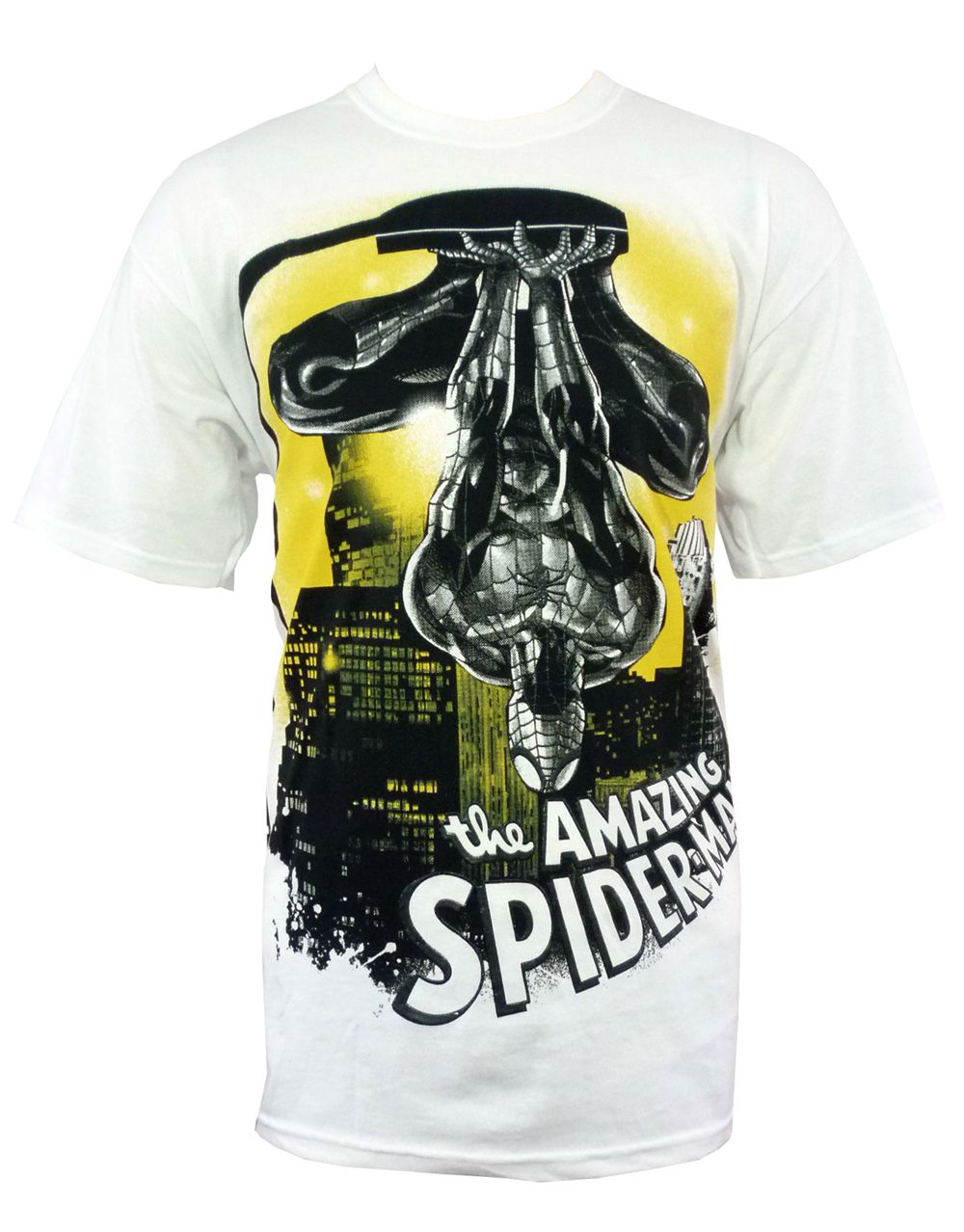Spiderman hang street lamp graphic on a white adult t-shirt.