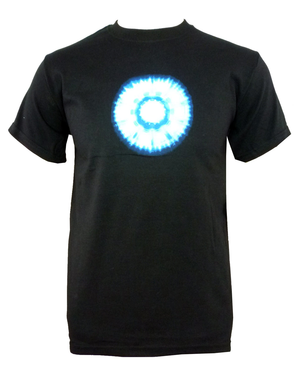 Iron Man Stark Industries graphic on a black adult t-shirt.