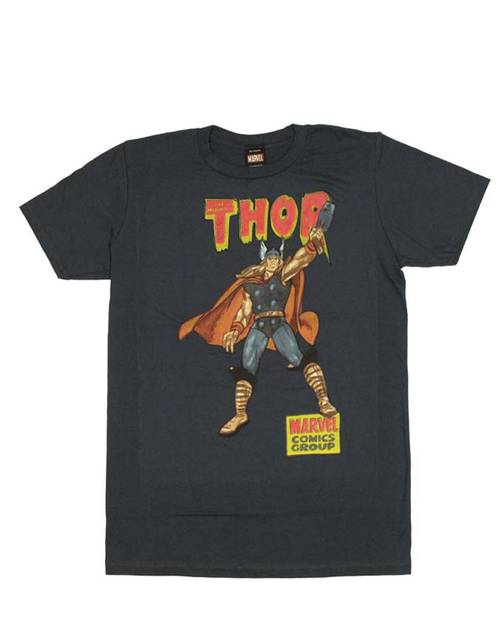 Thor marvel comic group graphic on a blue adult t-shirt.