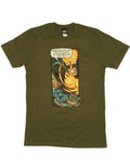 Wolverine x-men down and die graphic on an olive green adult t-shirt.