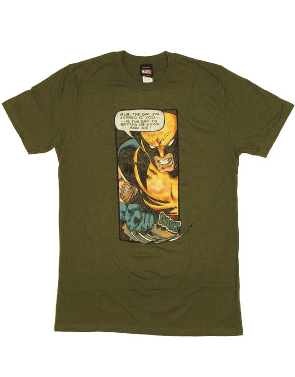 Wolverine x-men down and die graphic on an olive green adult t-shirt.