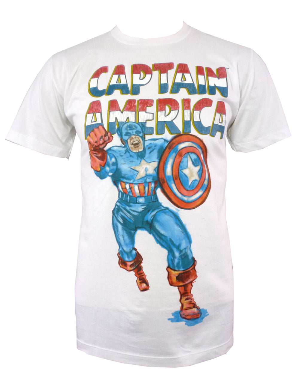 Captain America go captain graphic on a white adult t-shirt.