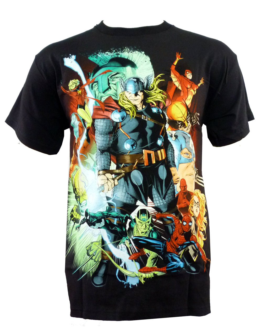 Marvel Avengers big screen heroes graphic on a black adult t-shirt.