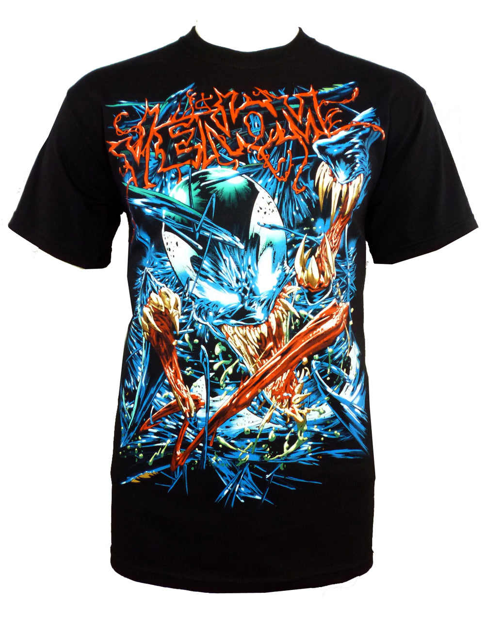 Spider-Man venom wild face graphic on a black adult t-shirt.